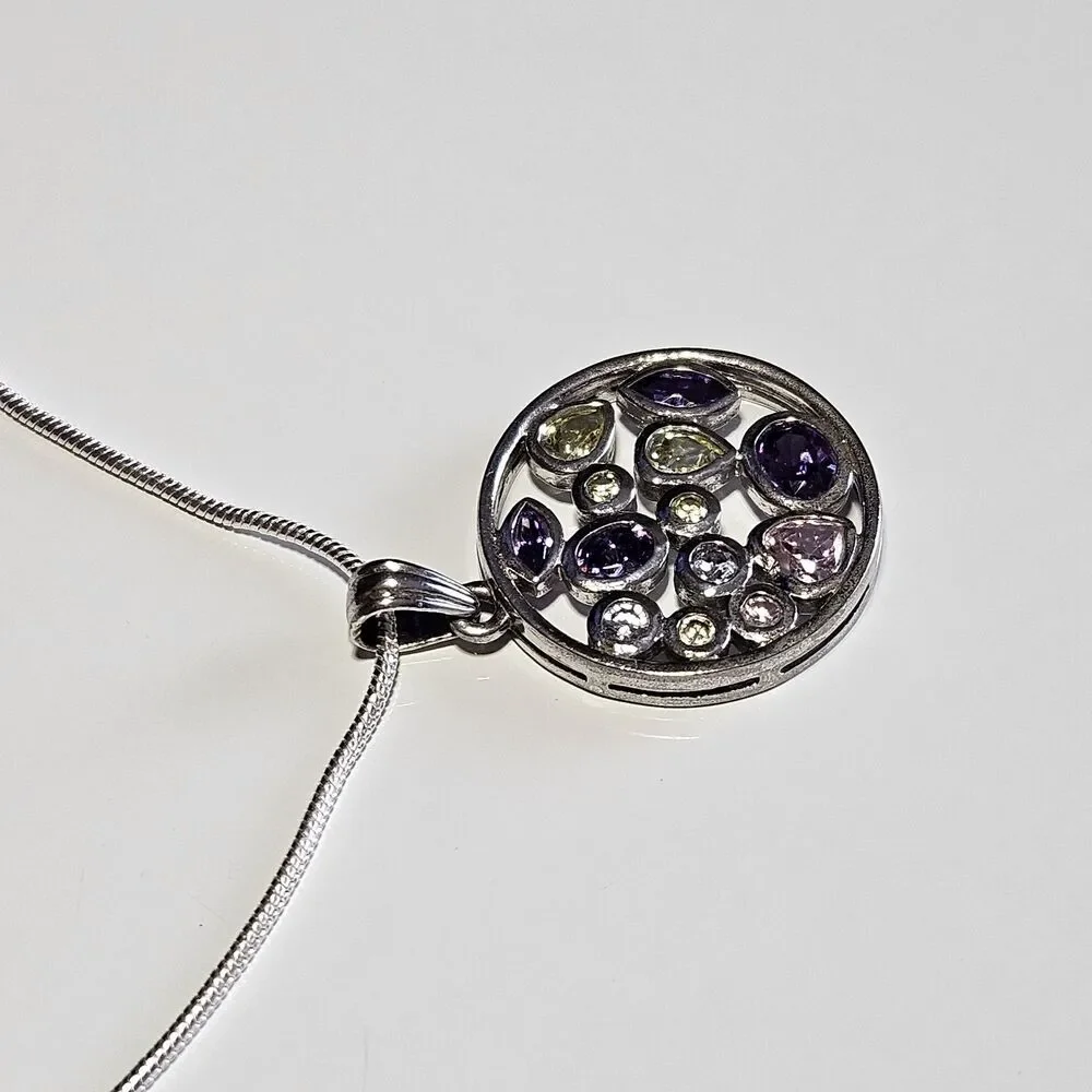Sterling Silver Multicolored Rhinestone Round Pendant Necklace 20